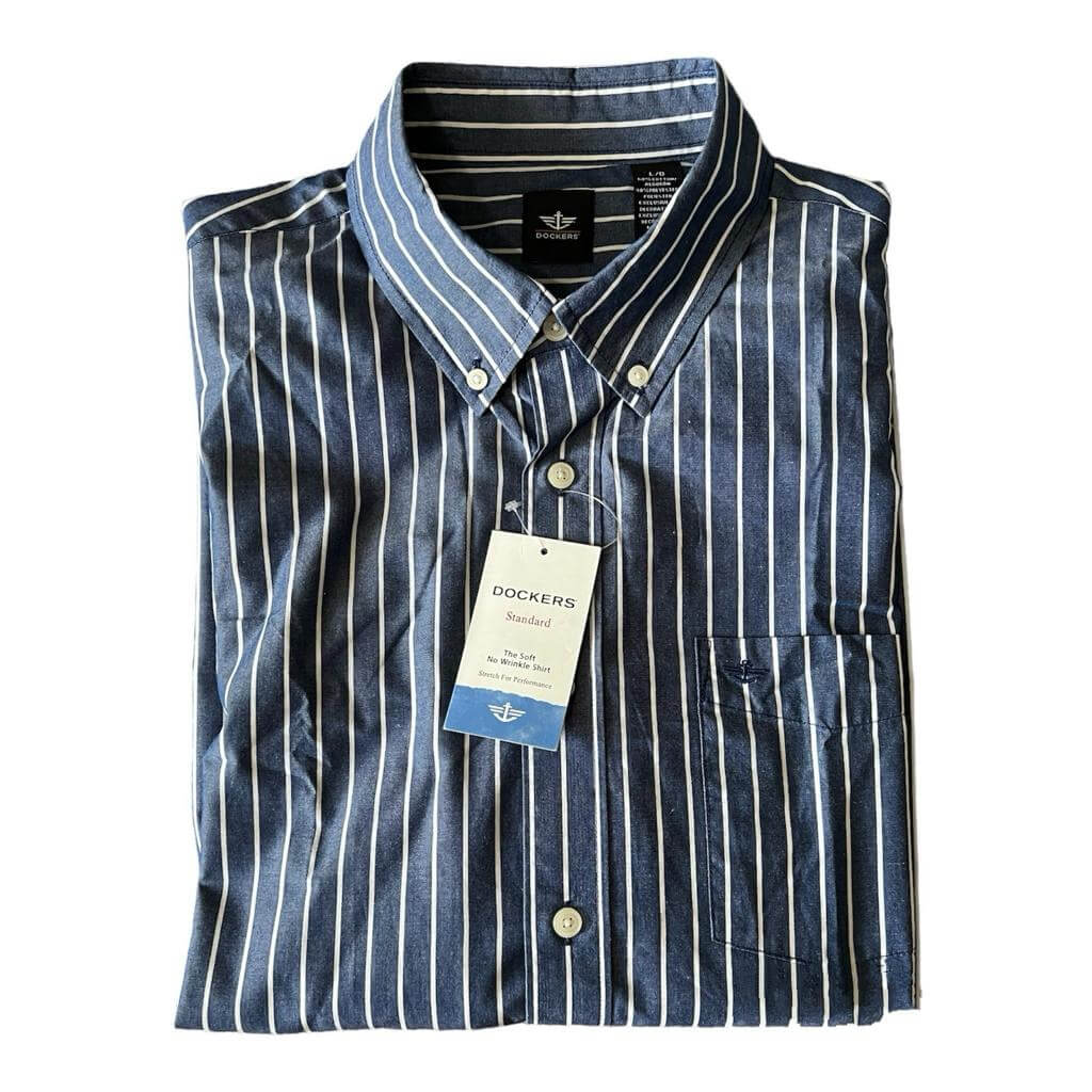 Camisa azul marino rayas verticales blancas